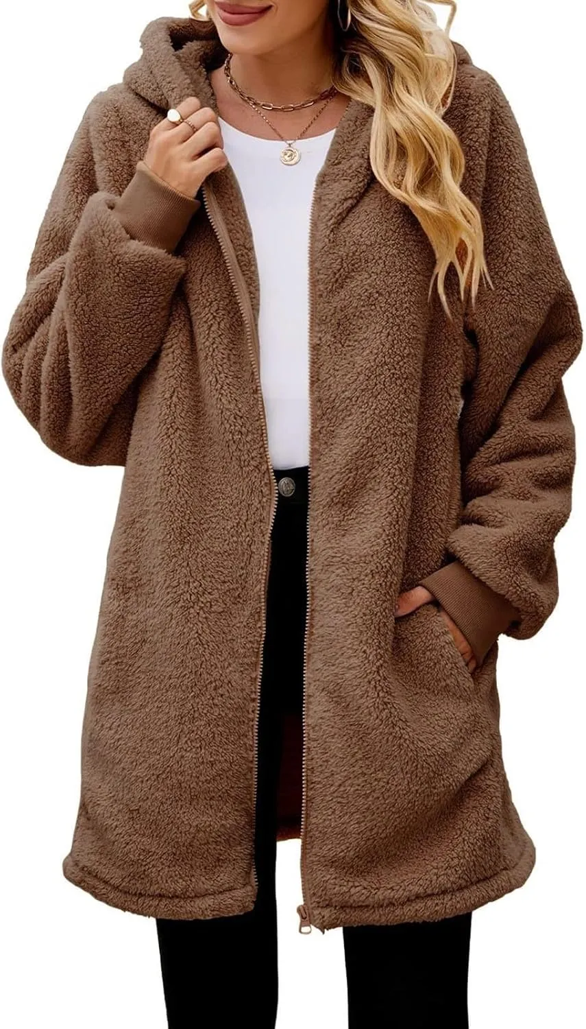 warm clothes for women Women's Solid Color Fashion Casual Pocket Zipper With Hat Long Coat