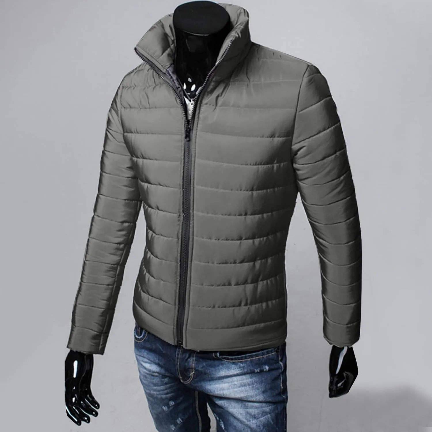 Winter Jacket for Men Casual Solid Color Stand Collar Chunky Jackets Long Sleeve Full Zip Lightweight Warm Coats