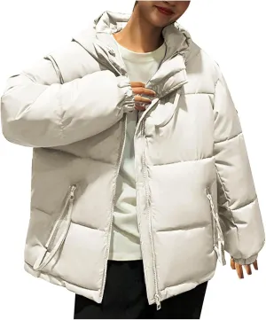 Winter Puffer Jacket for Women Warm Down Coats Zipper Hooded Outerwear Parkas Long Sleeve Overcoats with Pockets