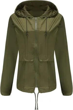 Wkishenl Rain Jacket Women Solid Summer Fall Outdoor Jackets Lightweight Hooded Windproof Trench Coats Zip Raincoat