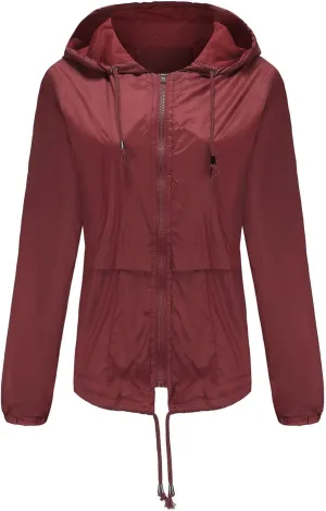 Wkishenl Rain Jacket Women Solid Summer Fall Outdoor Jackets Lightweight Hooded Windproof Trench Coats Zip Raincoat