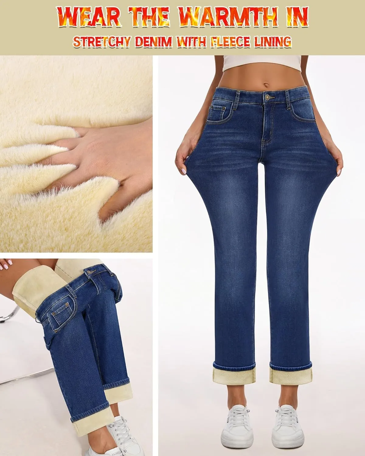 Women Fleece Lined Jeans Women's High Waisted Straight Leg Jeans Winter Fleece Lined Jean Pants