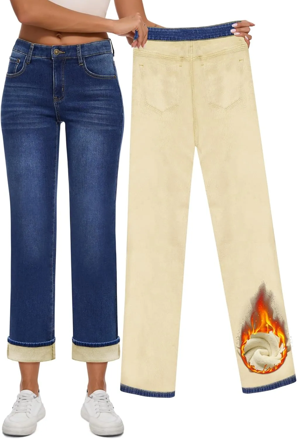 Women Fleece Lined Jeans Women's High Waisted Straight Leg Jeans Winter Fleece Lined Jean Pants