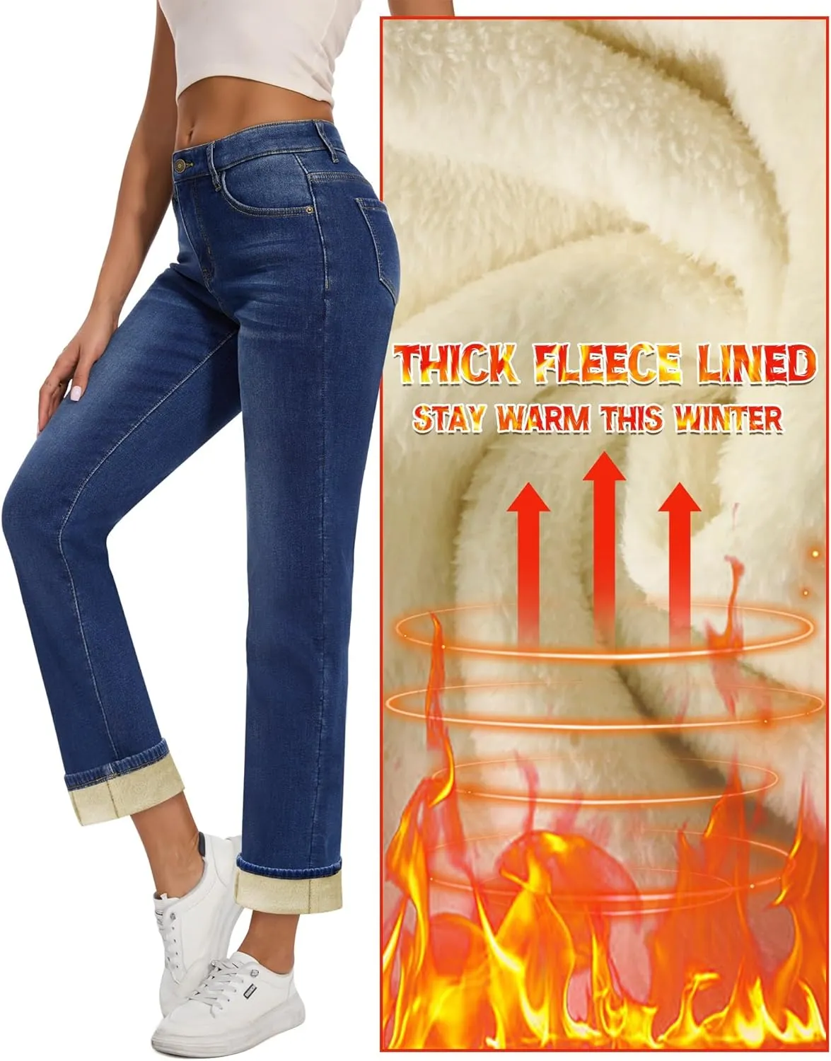 Women Fleece Lined Jeans Women's High Waisted Straight Leg Jeans Winter Fleece Lined Jean Pants