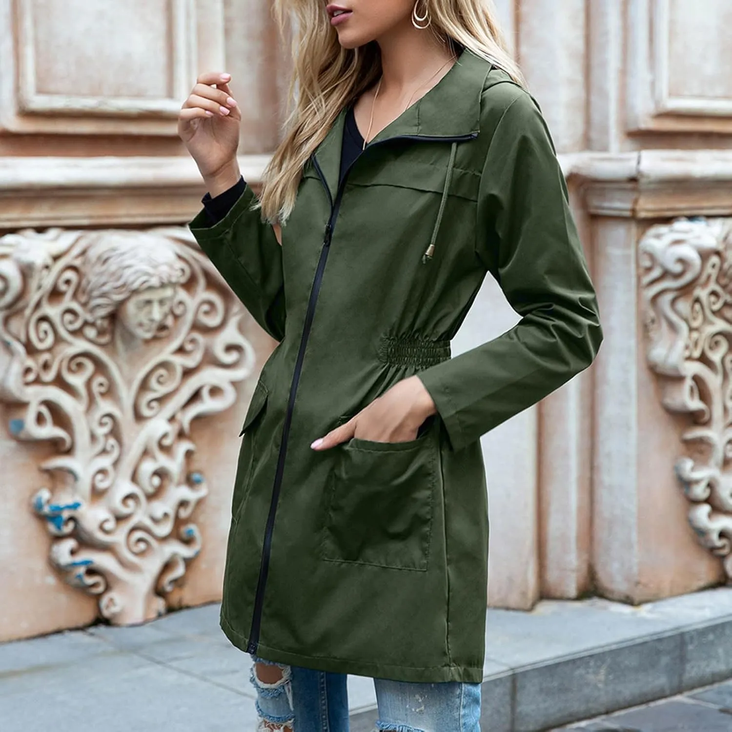 Women Lightweight Jacket Solid Color Windbreaker Waterproof Hooded Raincoat Active Outdoor Jackets Outwear