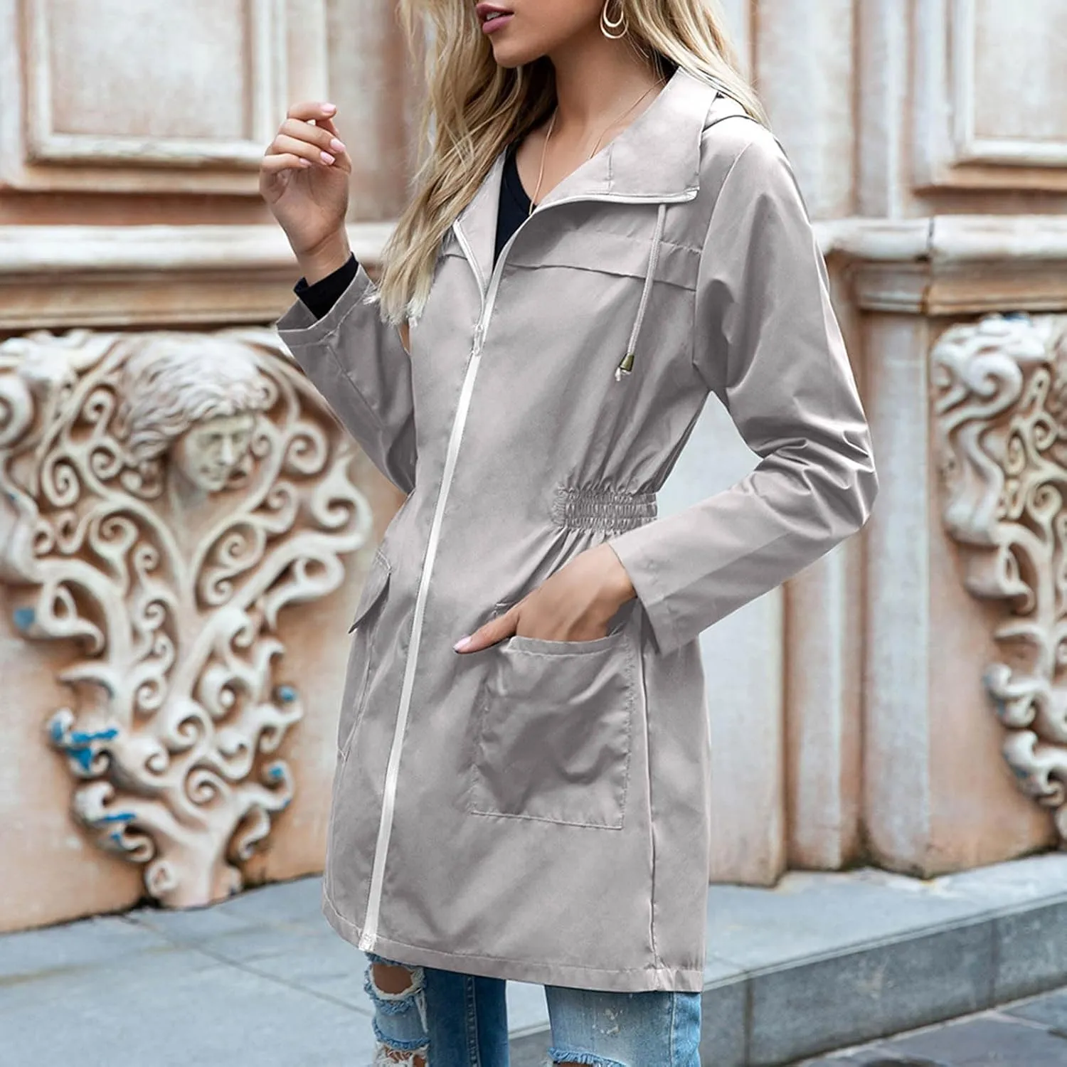 Women Lightweight Jacket Solid Color Windbreaker Waterproof Hooded Raincoat Active Outdoor Jackets Outwear