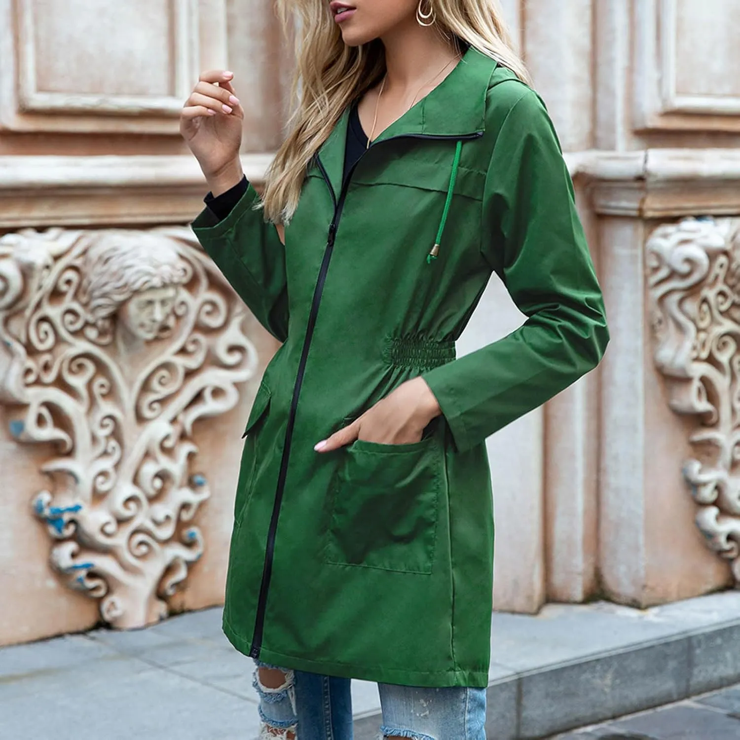 Women Lightweight Jacket Solid Color Windbreaker Waterproof Hooded Raincoat Active Outdoor Jackets Outwear