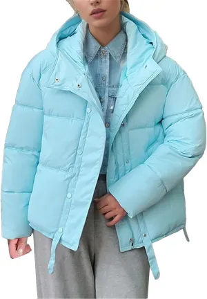 Women's 2024 Winter Solid Color Button Zipper Thicken Down Jackets Coat Outerwear with Faux Fur Removable Hood