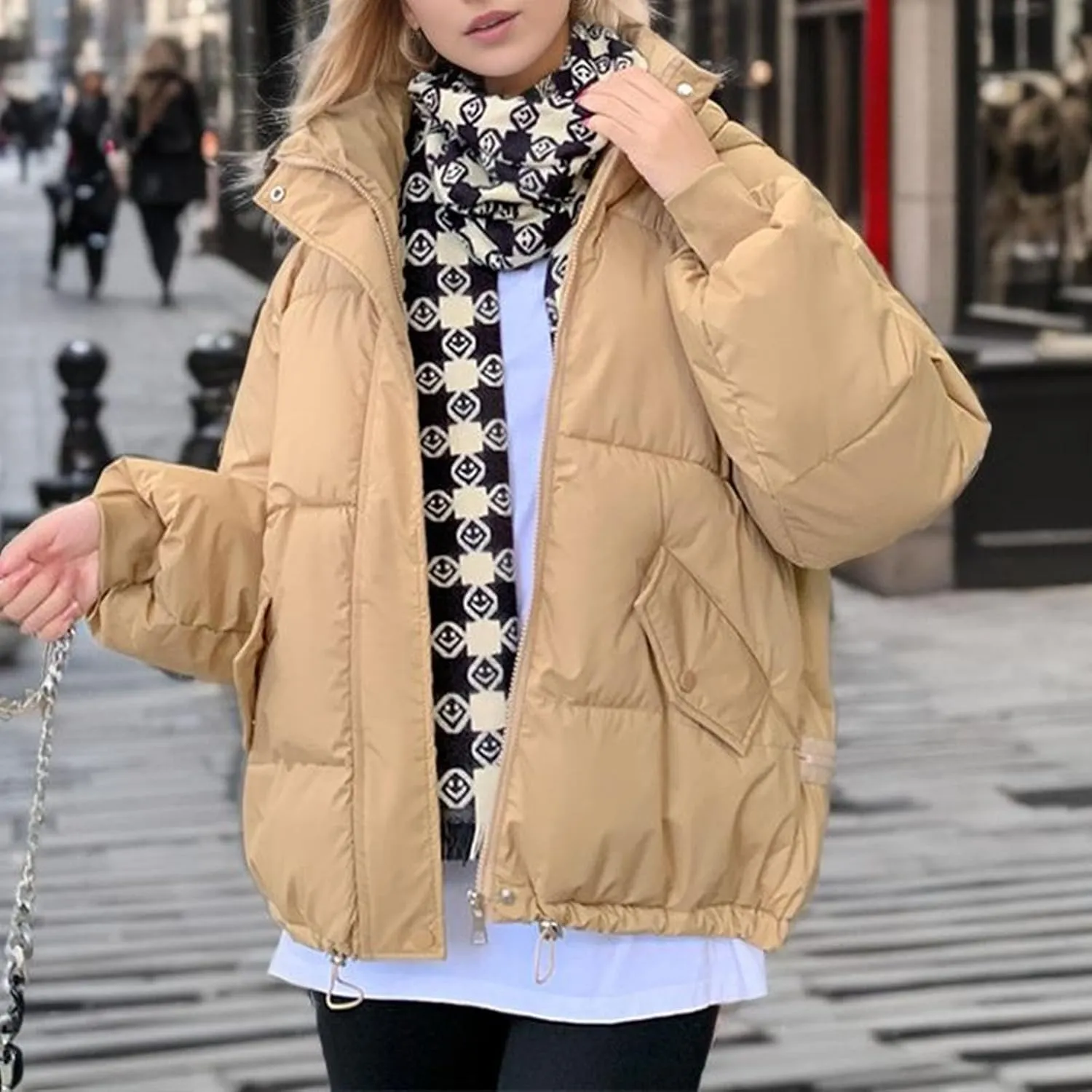 Women's 2024 Winter Solid Color Button Zipper Thicken Down Jackets Coat Outerwear with Faux Fur Removable Hood