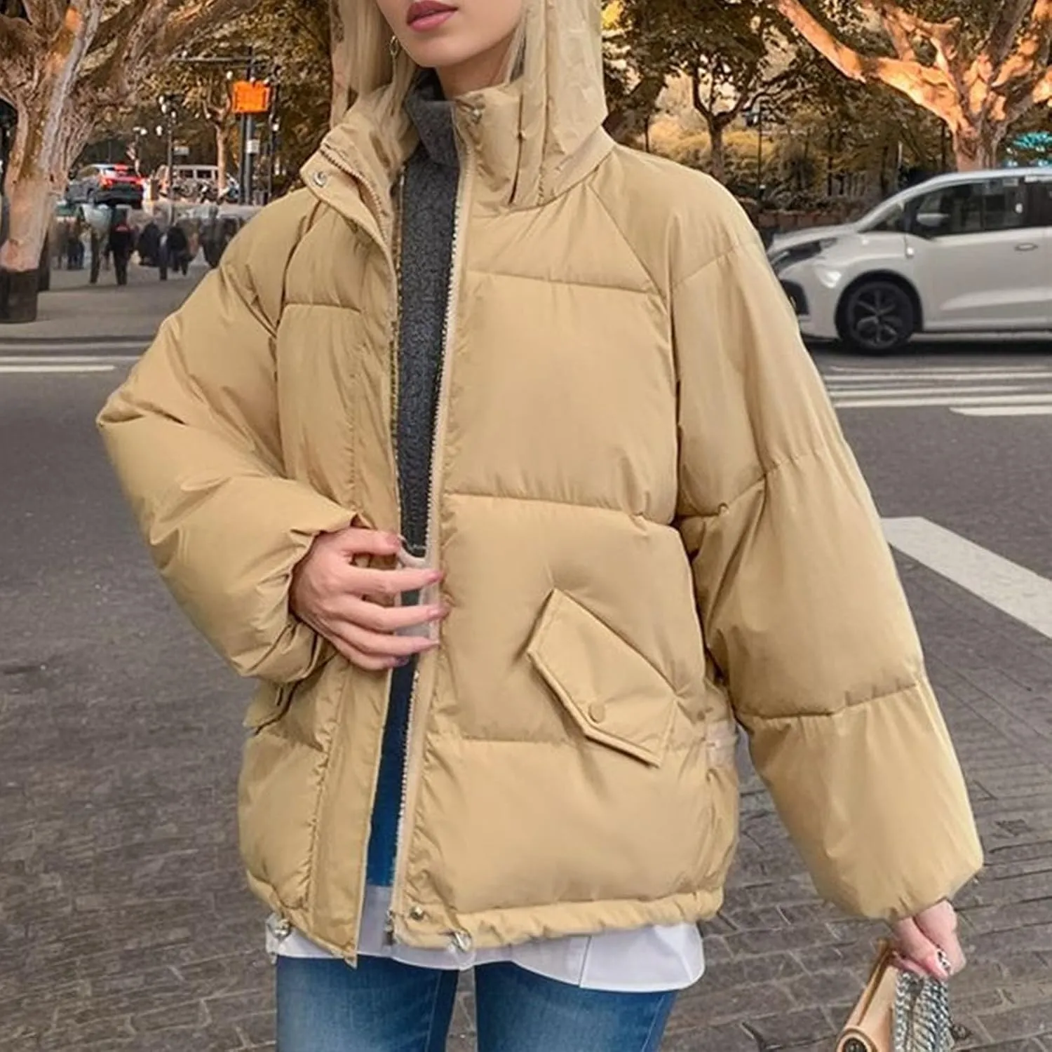 Women's 2024 Winter Solid Color Button Zipper Thicken Down Jackets Coat Outerwear with Faux Fur Removable Hood