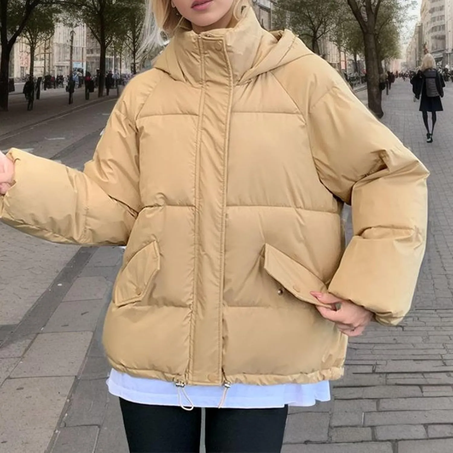 Women's 2024 Winter Solid Color Button Zipper Thicken Down Jackets Coat Outerwear with Faux Fur Removable Hood