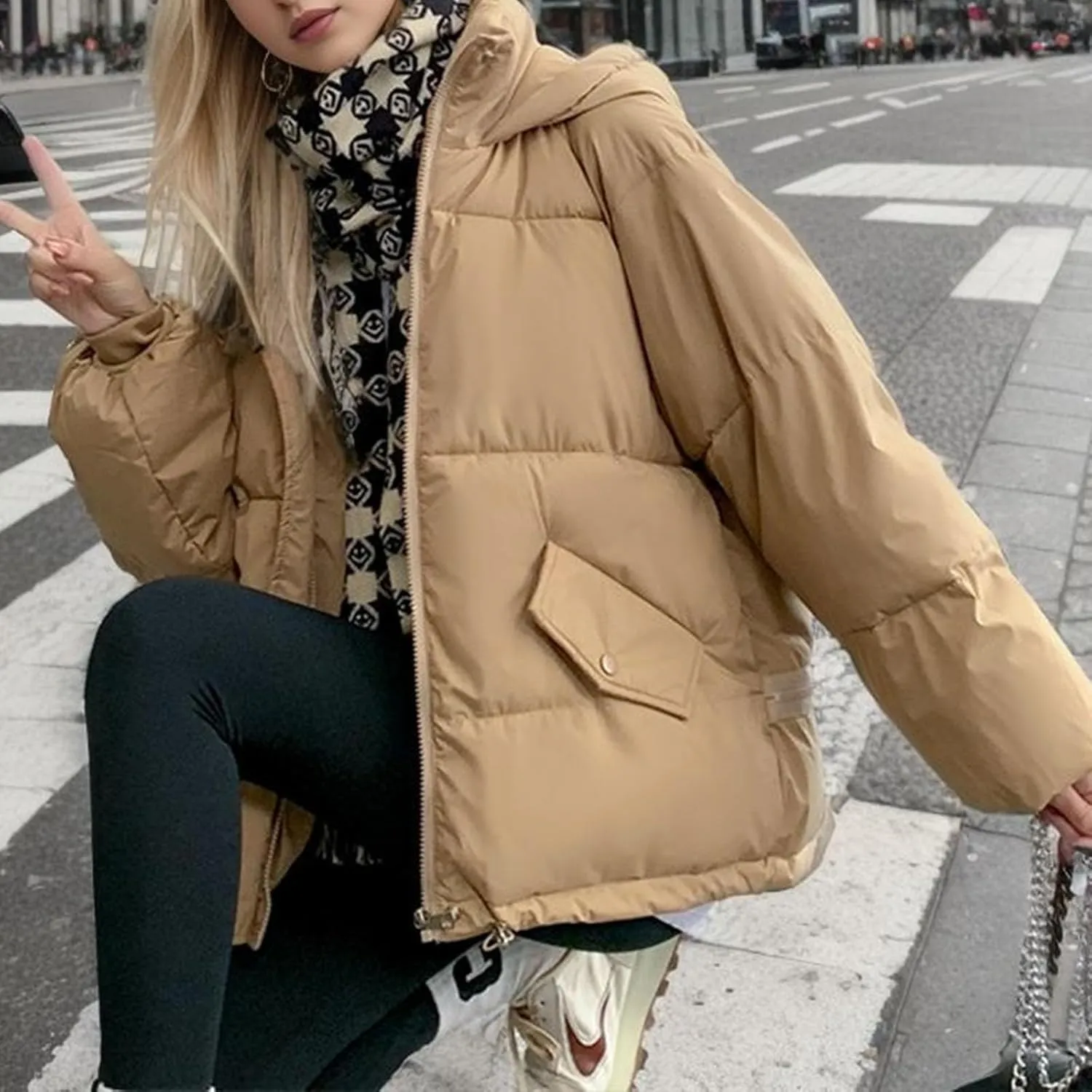 Women's 2024 Winter Solid Color Button Zipper Thicken Down Jackets Coat Outerwear with Faux Fur Removable Hood