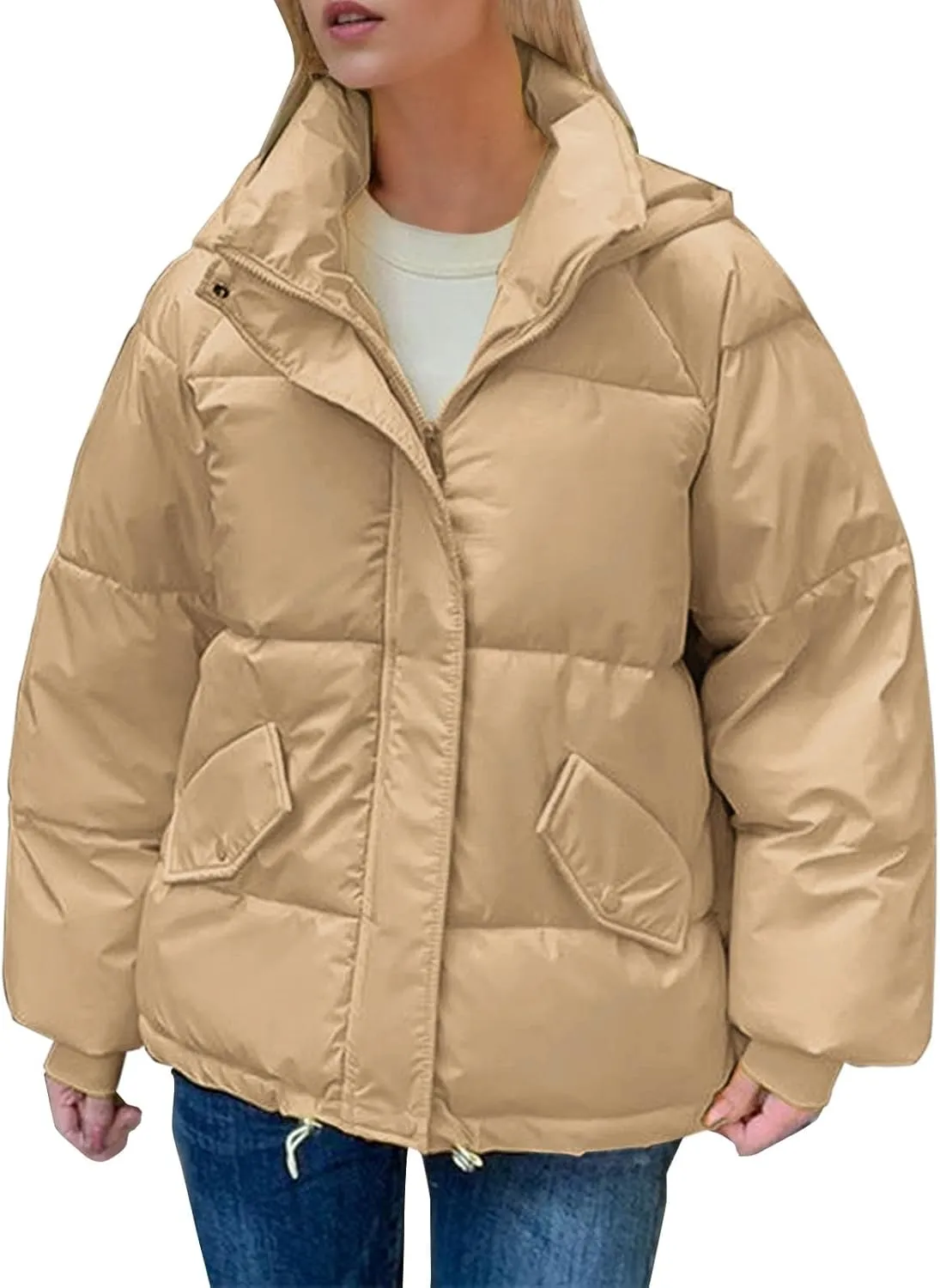 Women's 2024 Winter Solid Color Button Zipper Thicken Down Jackets Coat Outerwear with Faux Fur Removable Hood