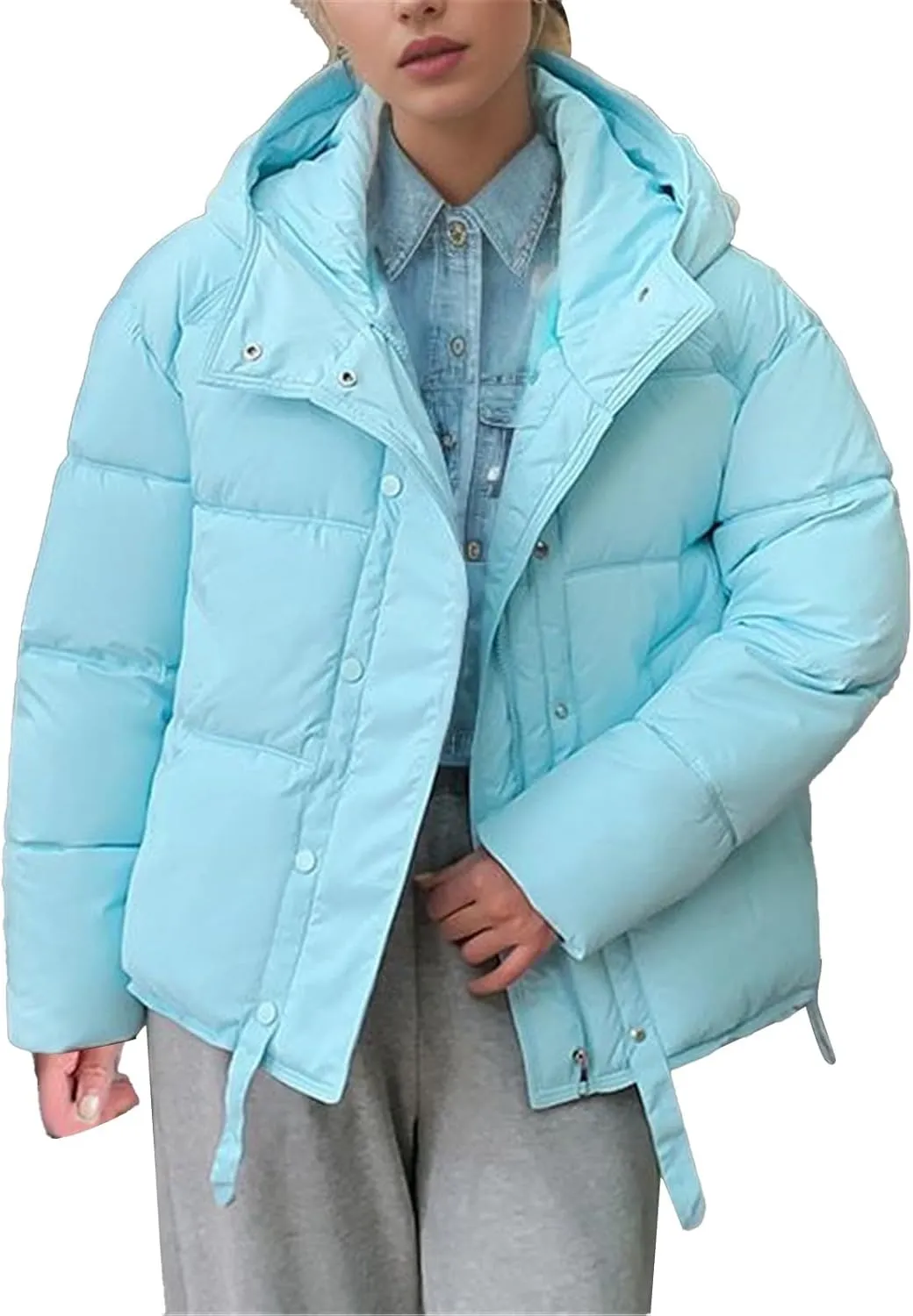 Women's 2024 Winter Solid Color Button Zipper Thicken Down Jackets Coat Outerwear with Faux Fur Removable Hood