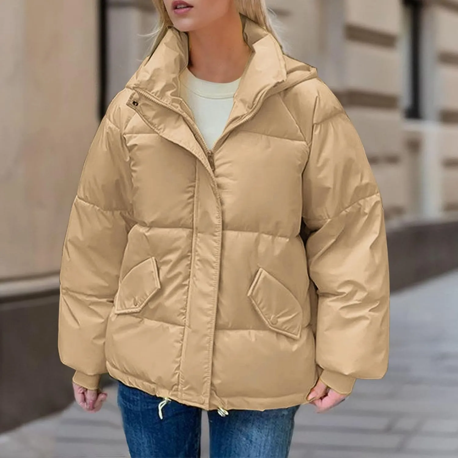 Women's 2024 Winter Solid Color Button Zipper Thicken Down Jackets Coat Outerwear with Faux Fur Removable Hood