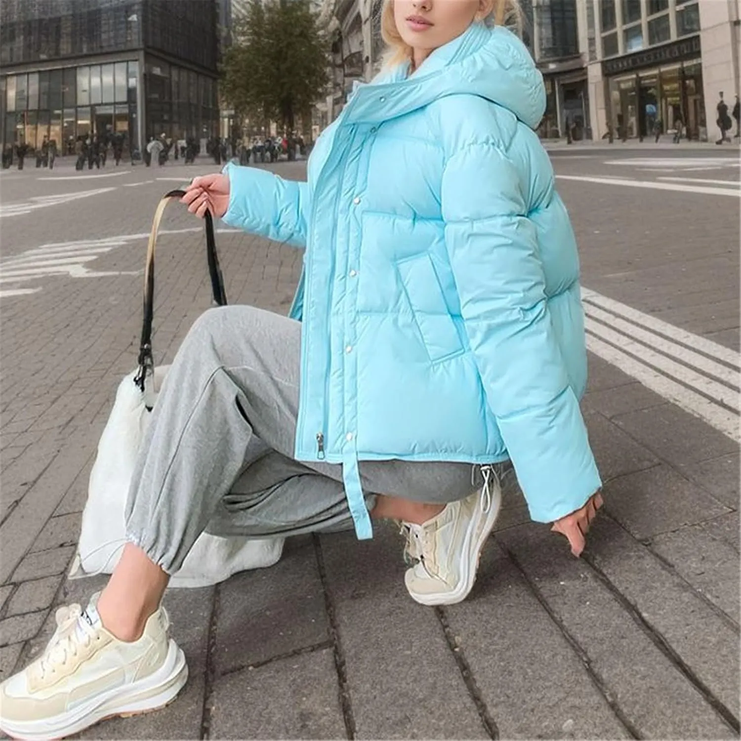 Women's 2024 Winter Solid Color Button Zipper Thicken Down Jackets Coat Outerwear with Faux Fur Removable Hood