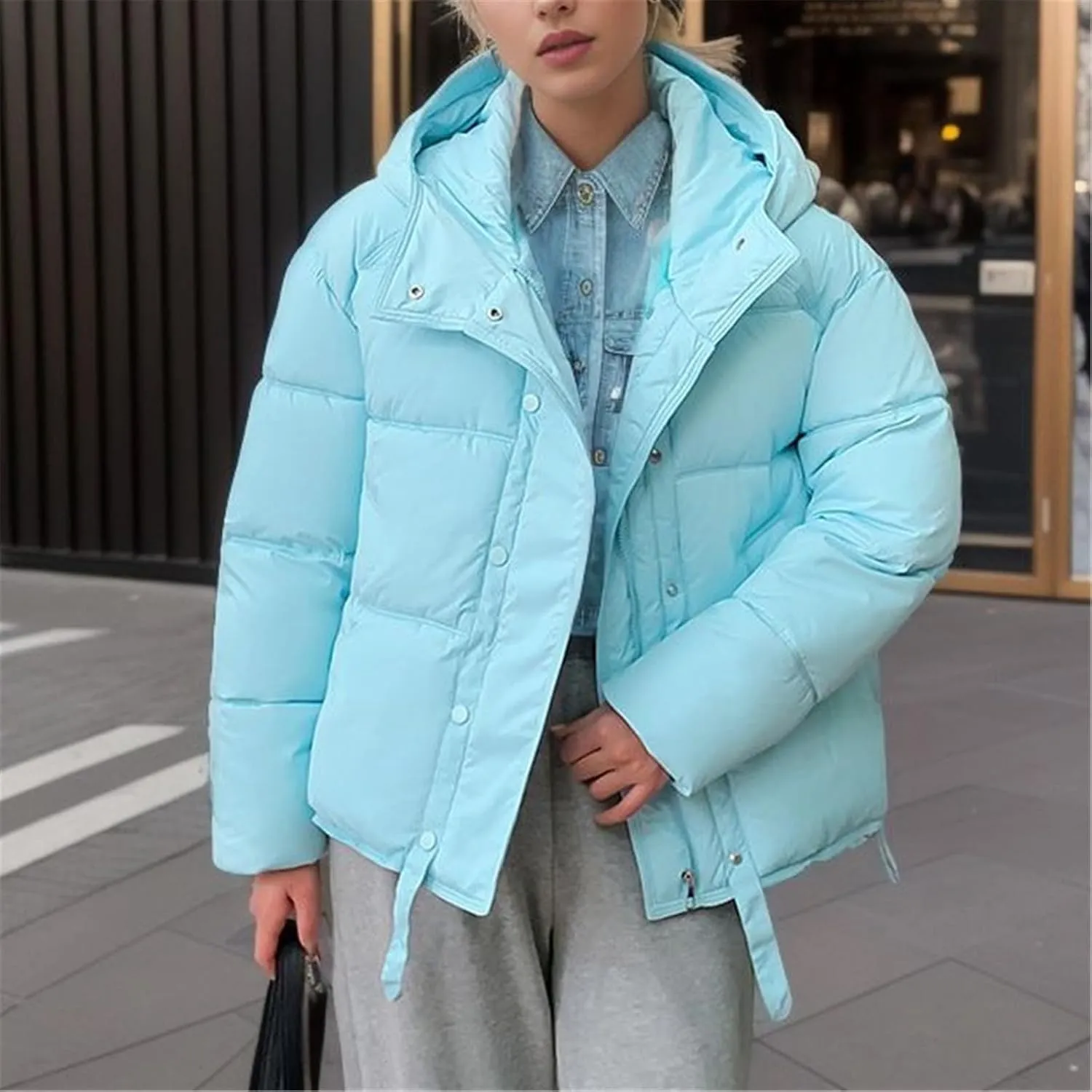 Women's 2024 Winter Solid Color Button Zipper Thicken Down Jackets Coat Outerwear with Faux Fur Removable Hood