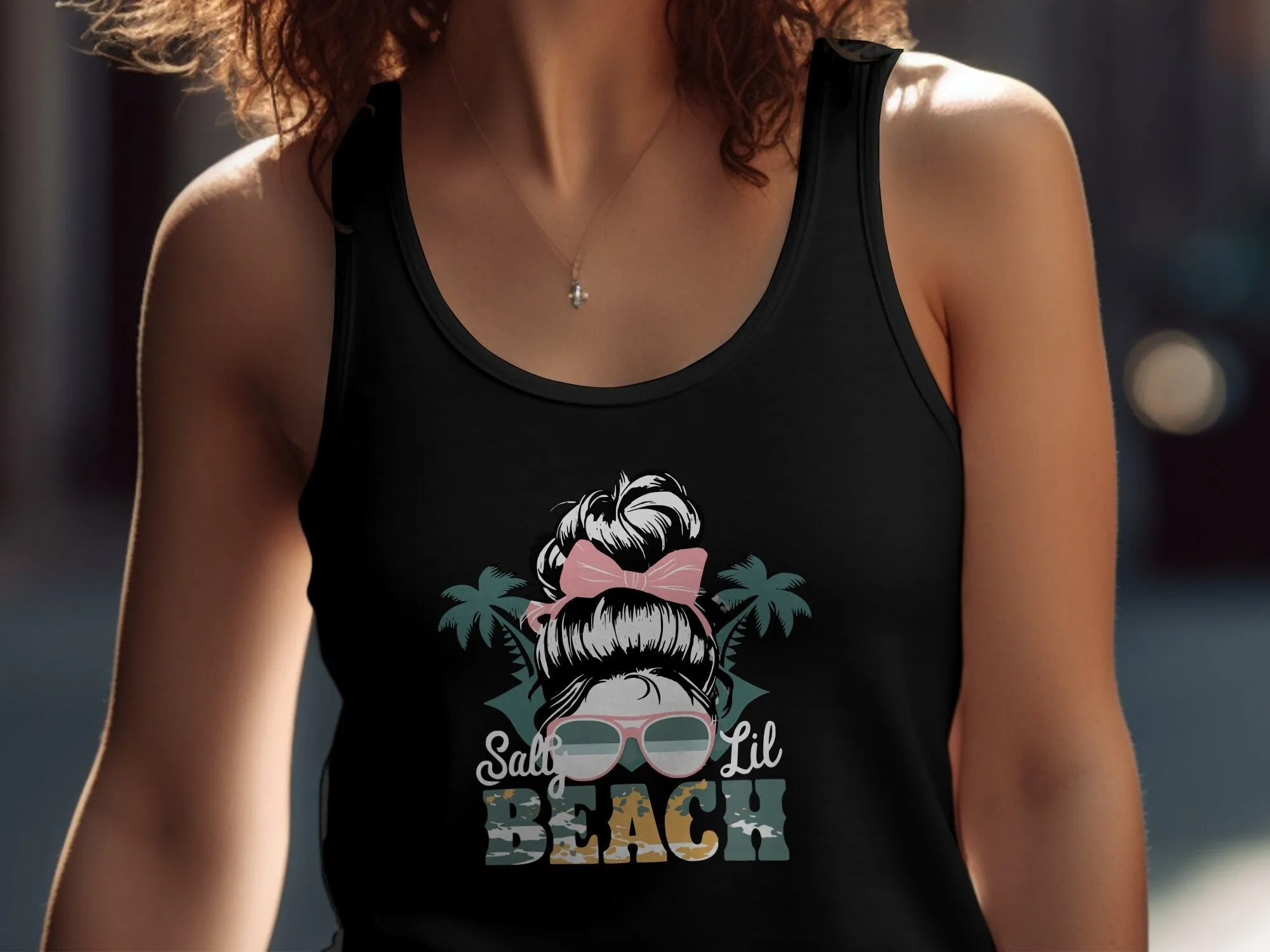 Women's Beach T-Shirt with Tropical Palms and Sunglasses Design,  Salty Lil Beach, Funny Vacation Tee, Gift for Her Tank Top