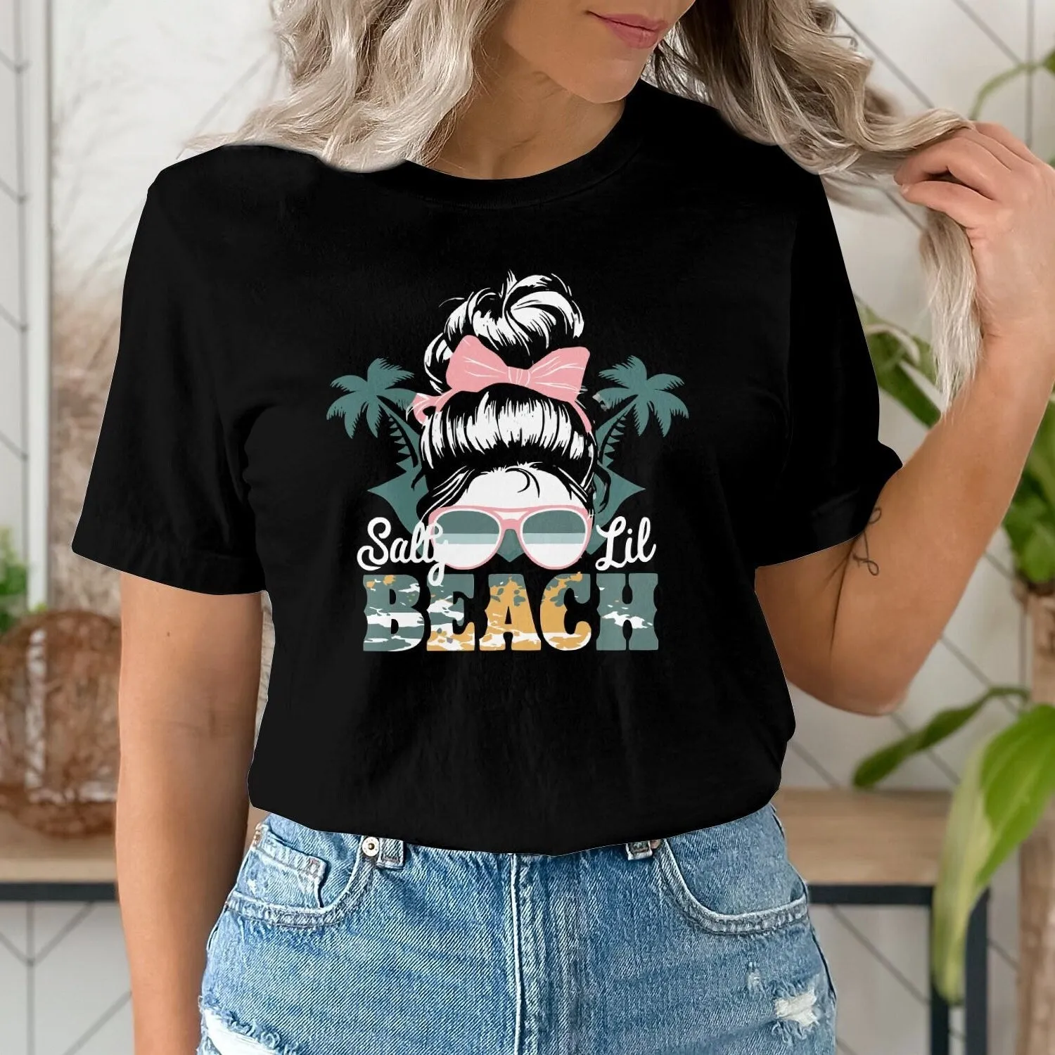 Women's Beach T-Shirt with Tropical Palms and Sunglasses Design,  Salty Lil Beach, Funny Vacation Tee, Gift for Her Tank Top