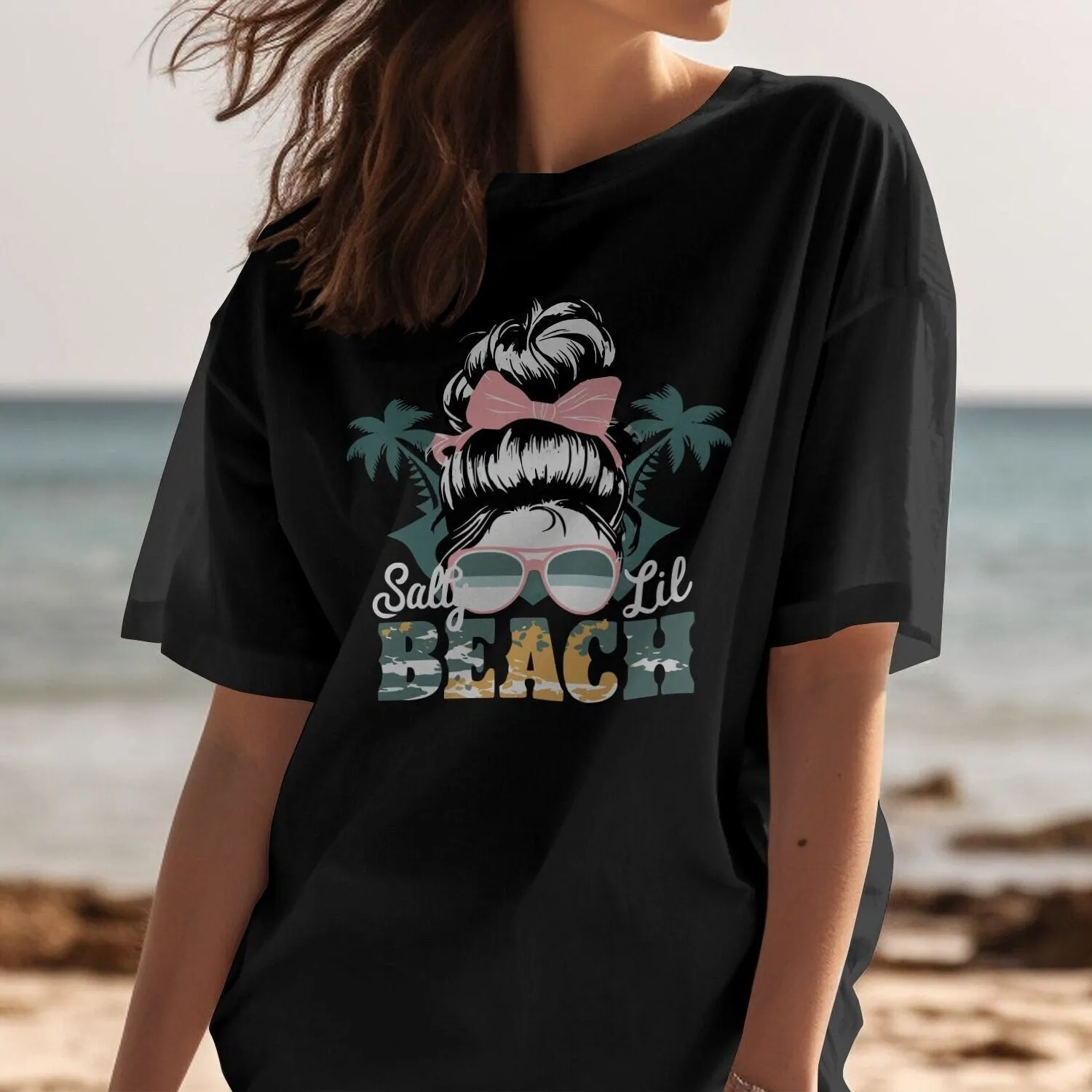 Women's Beach T-Shirt with Tropical Palms and Sunglasses Design,  Salty Lil Beach, Funny Vacation Tee, Gift for Her Tank Top