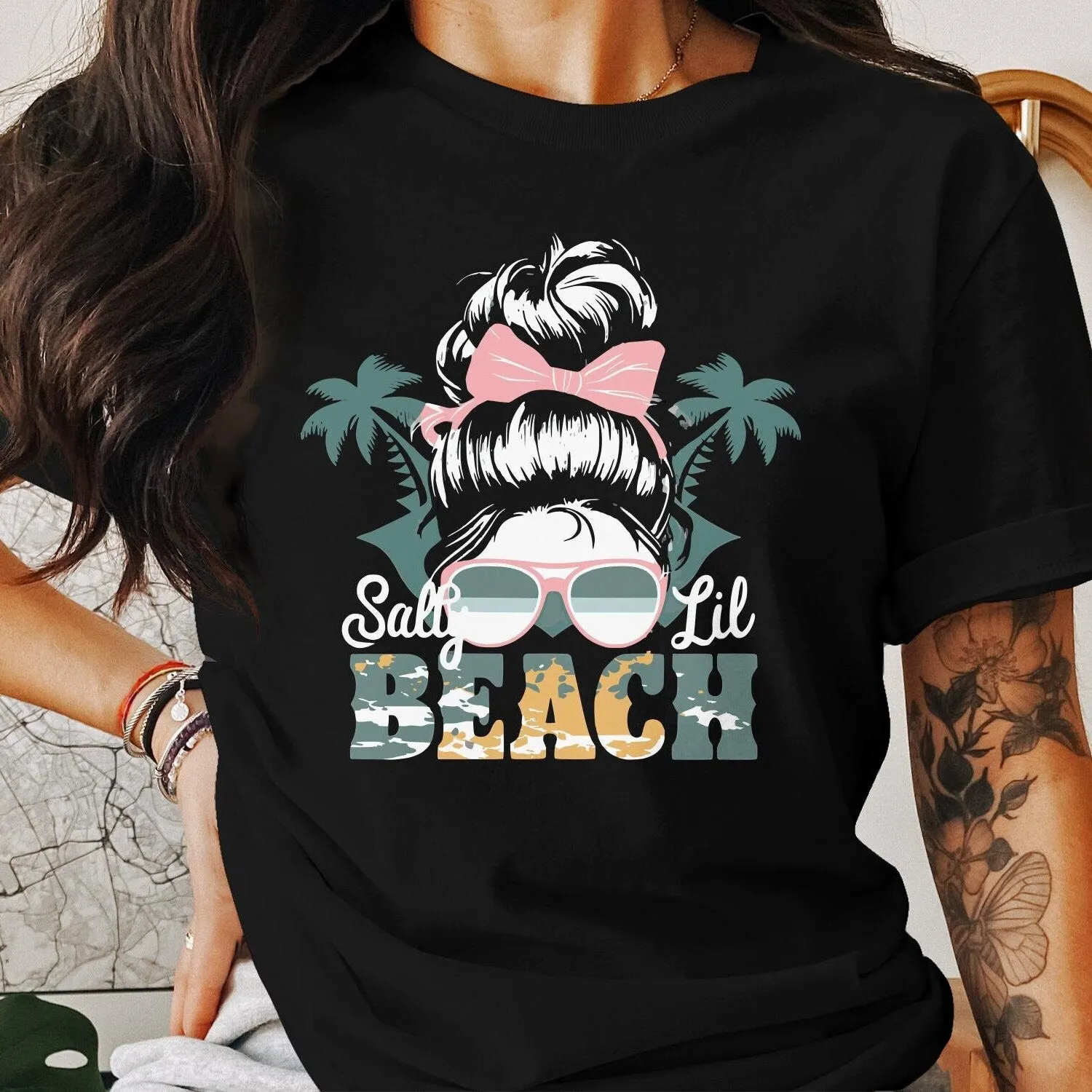 Women's Beach T-Shirt with Tropical Palms and Sunglasses Design,  Salty Lil Beach, Funny Vacation Tee, Gift for Her Tank Top