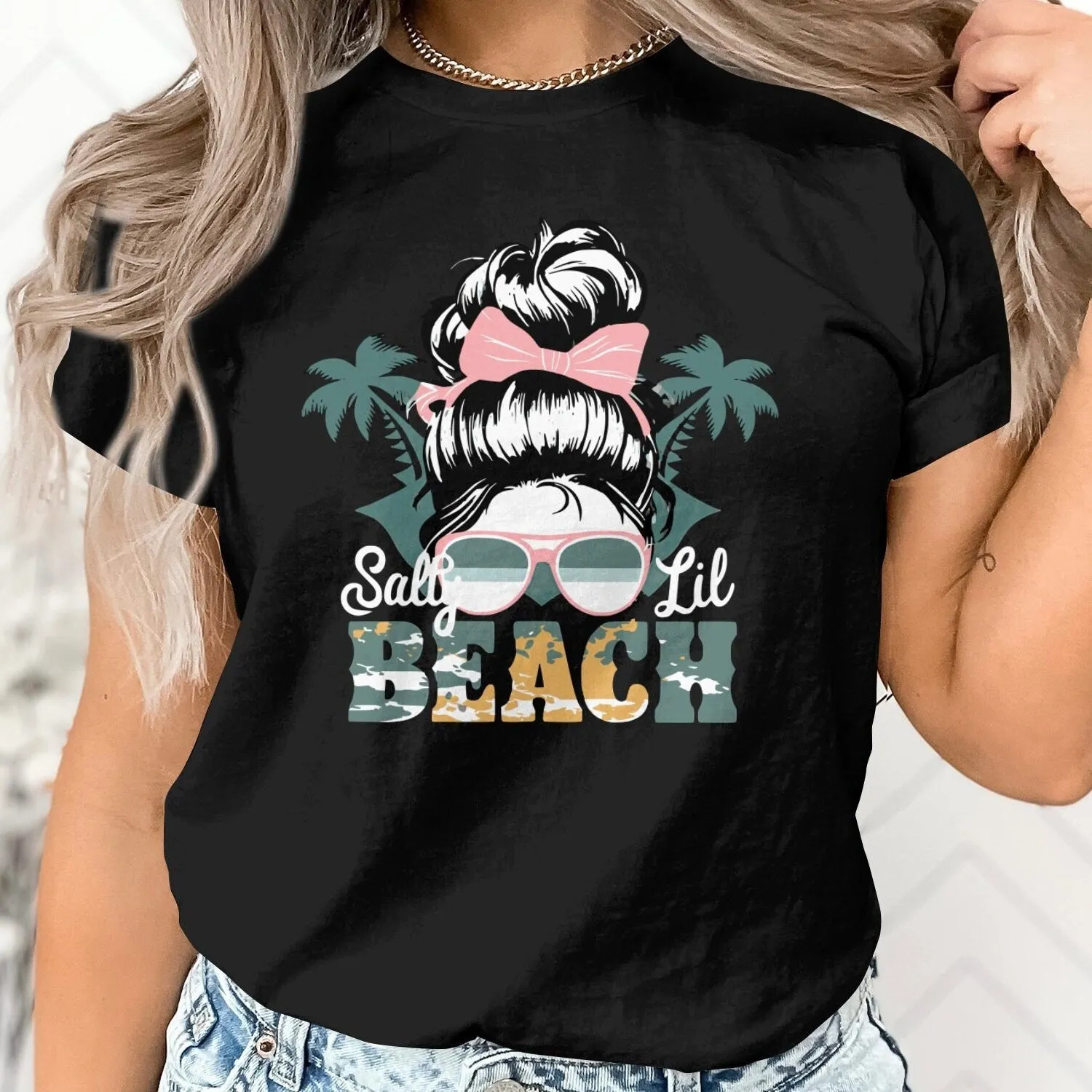 Women's Beach T-Shirt with Tropical Palms and Sunglasses Design,  Salty Lil Beach, Funny Vacation Tee, Gift for Her Tank Top