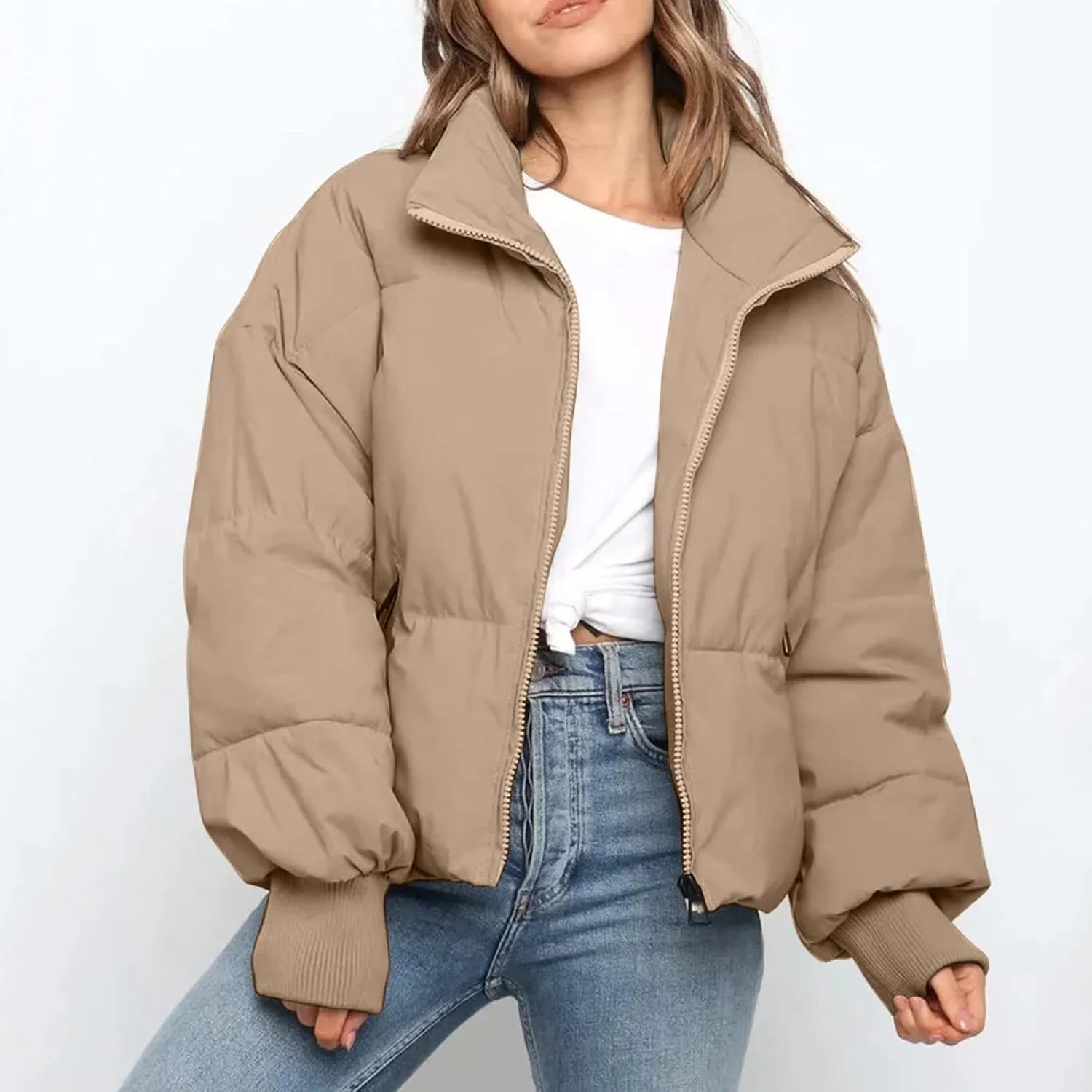 Women's Down Puffer Jacket with Hood Lightweight Thermal Quilted Coat with Pockets Zip-up Winter Warm Jacket XS-L