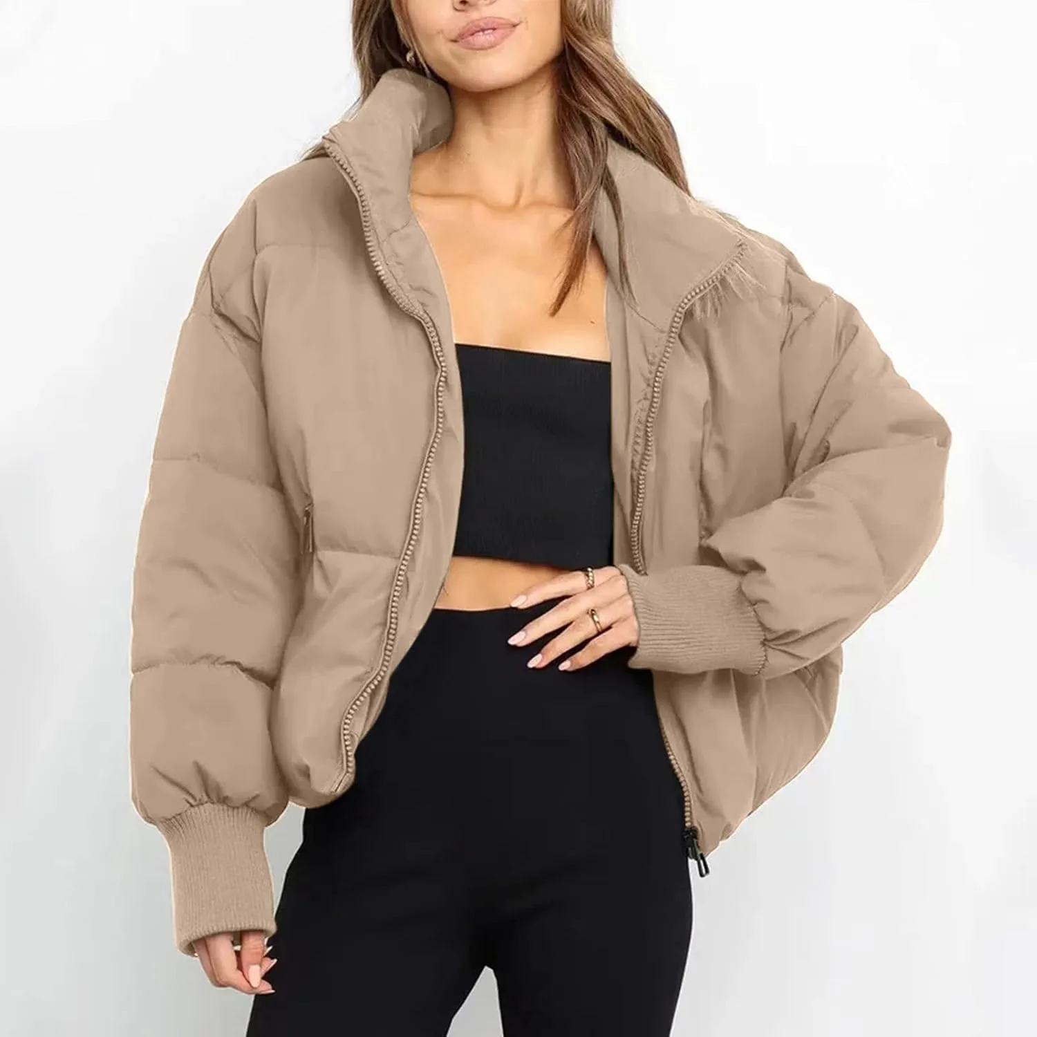 Women's Down Puffer Jacket with Hood Lightweight Thermal Quilted Coat with Pockets Zip-up Winter Warm Jacket XS-L