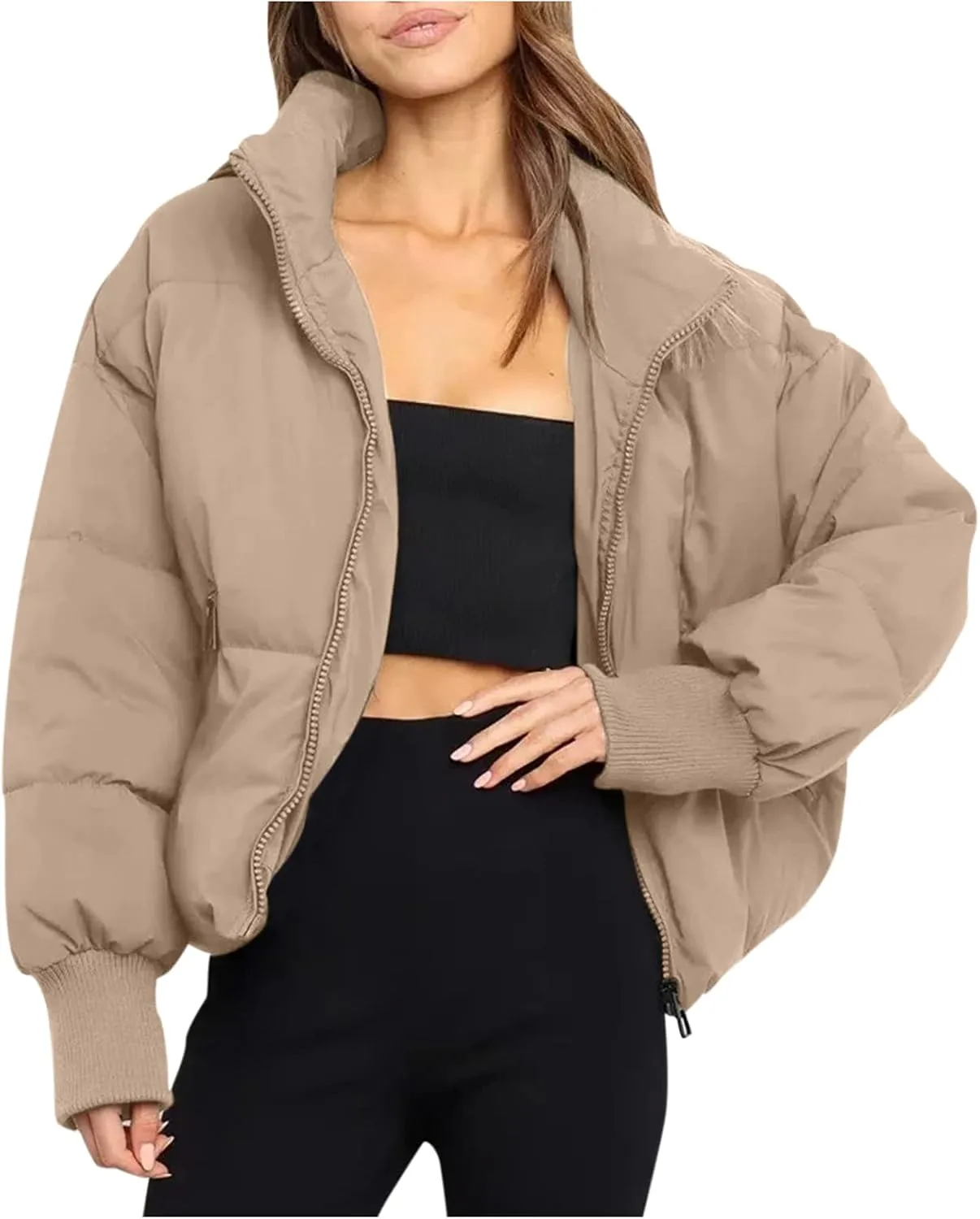 Women's Down Puffer Jacket with Hood Lightweight Thermal Quilted Coat with Pockets Zip-up Winter Warm Jacket XS-L