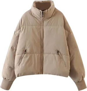 Women's Down Puffer Jacket with Hood Lightweight Thermal Quilted Coat with Pockets Zip-up Winter Warm Jacket XS-L