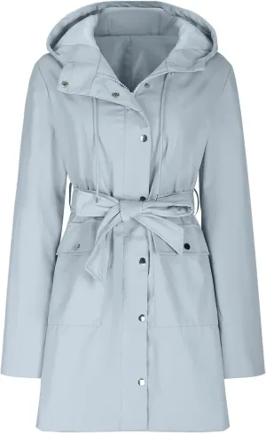 Women's Lightweight Hooded Raincoat, Long Sleeve Comfy Belted Waterproof Windbreaker Solid Climbing Outdoor Jackets