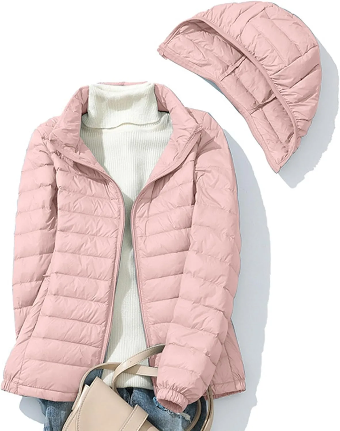 Womens Lightweight Puffer Jacket Packable Quilted Puffy Down Coats Winter Warm Jackets Outwear with Detachable Hood
