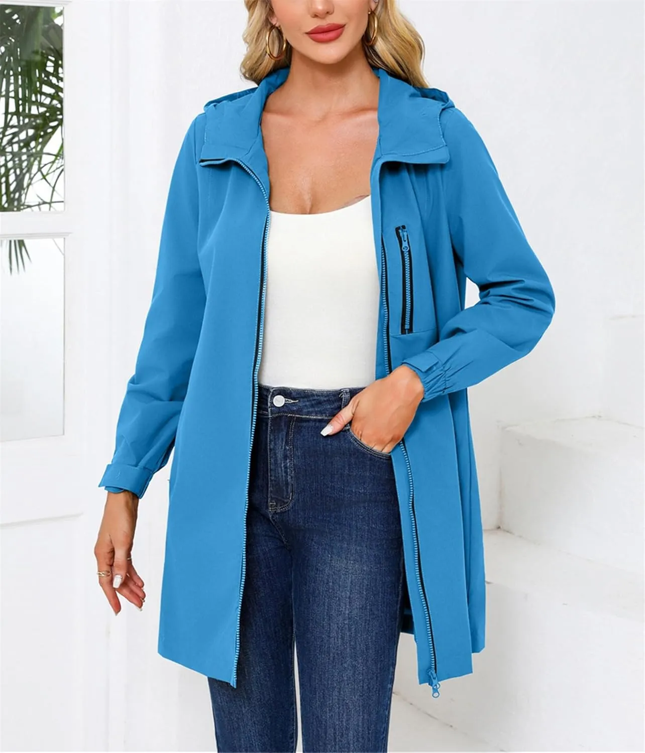 Women's Lightweight Waterproof Raincoat Full Zipper Trech Coat Hooded Windbreaker Outdoor Jackets