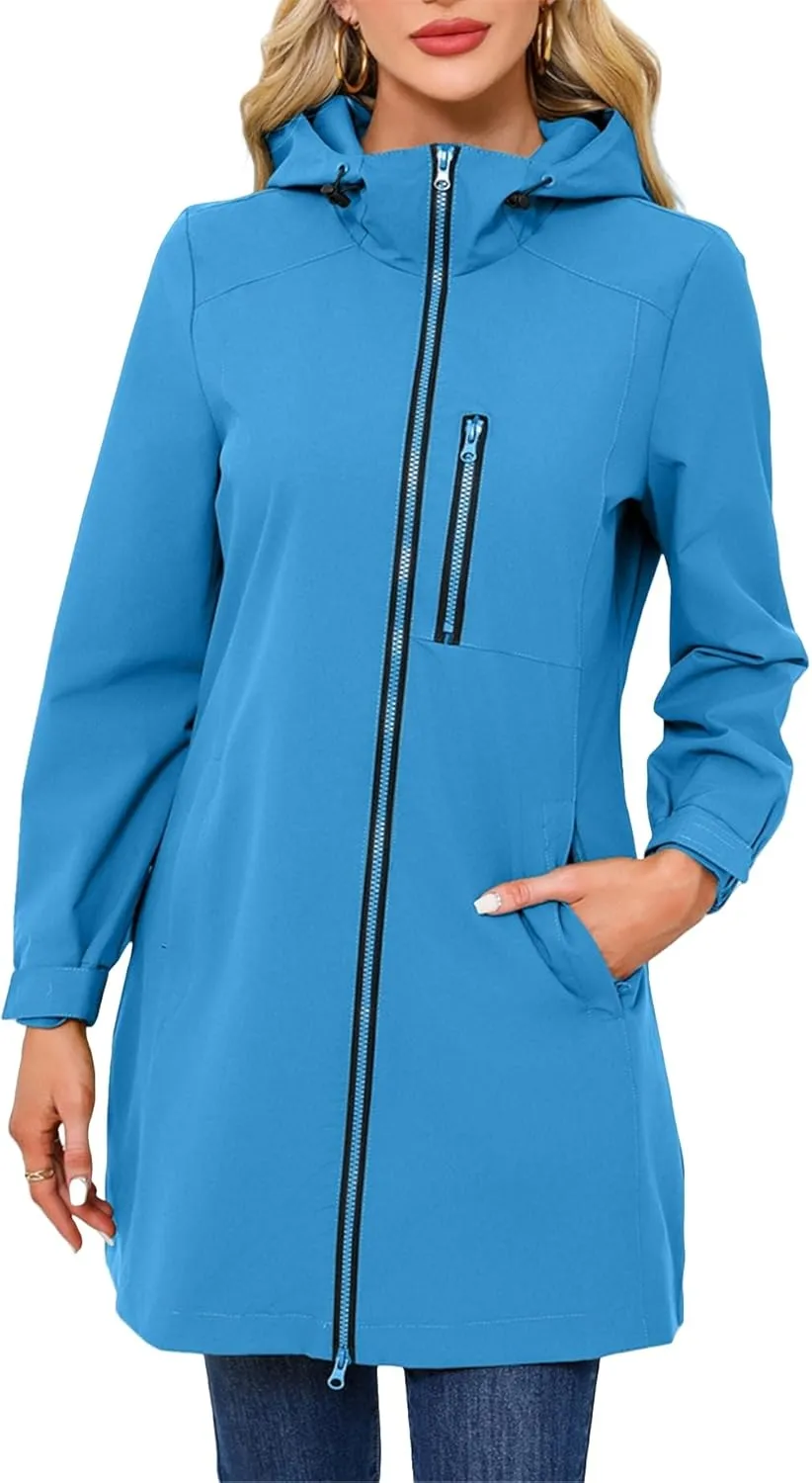 Women's Lightweight Waterproof Raincoat Full Zipper Trech Coat Hooded Windbreaker Outdoor Jackets
