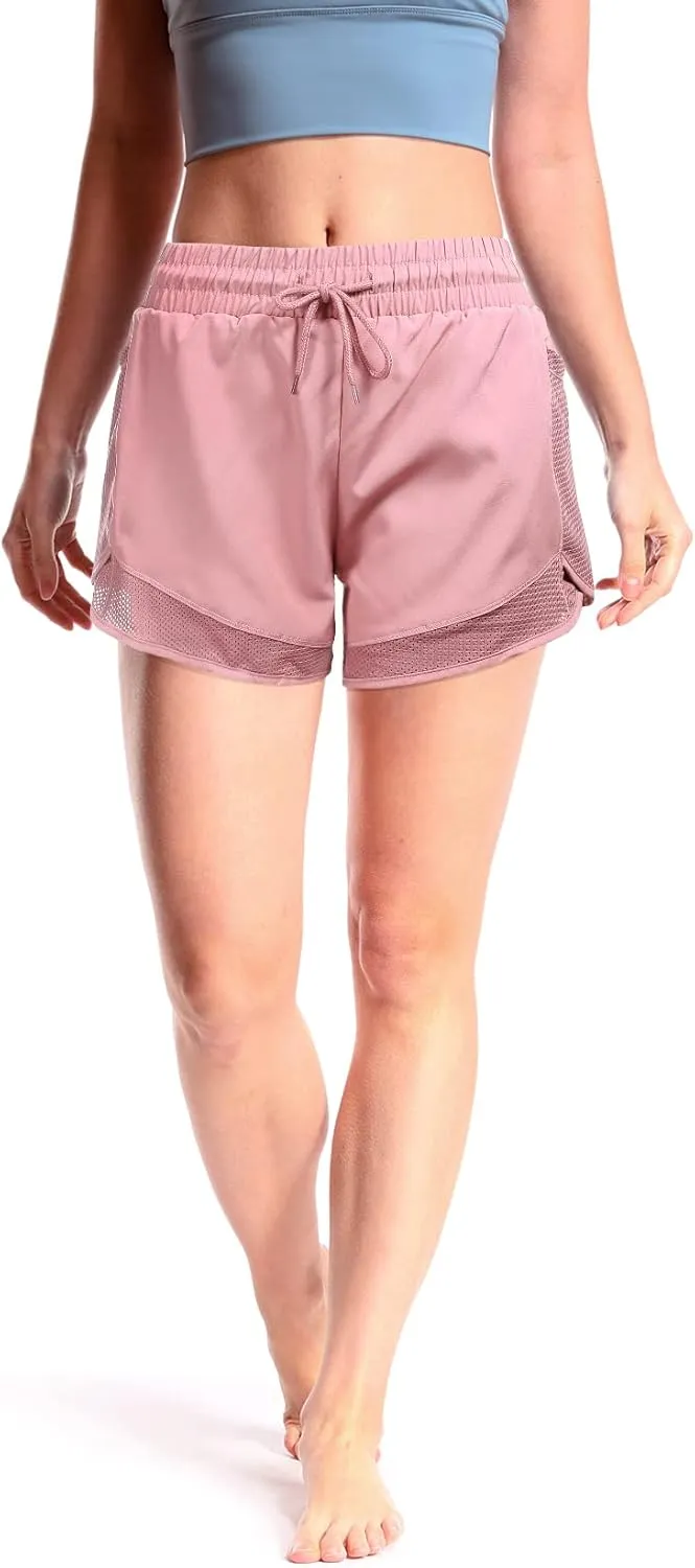 Women's Mesh Run 2-in-1 Shorts Quick-Dry Athletic Workout Gym Yoga Shorts with Liner and Side Pockets