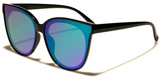 Women's Mirrored Round Sunglasses with Flat Lens Cat Eye
