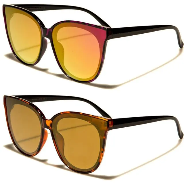 Women's Mirrored Round Sunglasses with Flat Lens Cat Eye