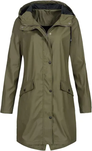 Womens Rain Jacket with Hood Button Windbreaker Plus Size Casual Overcoat Travel Jackets with Pockets