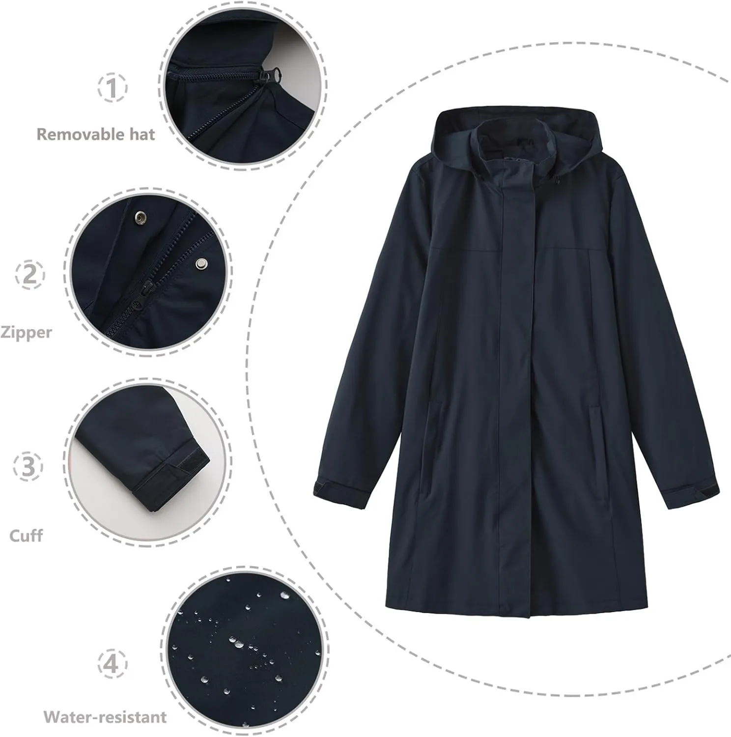 Women's Raincoat Waterproof Detachable Hooded Trech Coat Zipper Active Windbreaker Outdoor Jackets