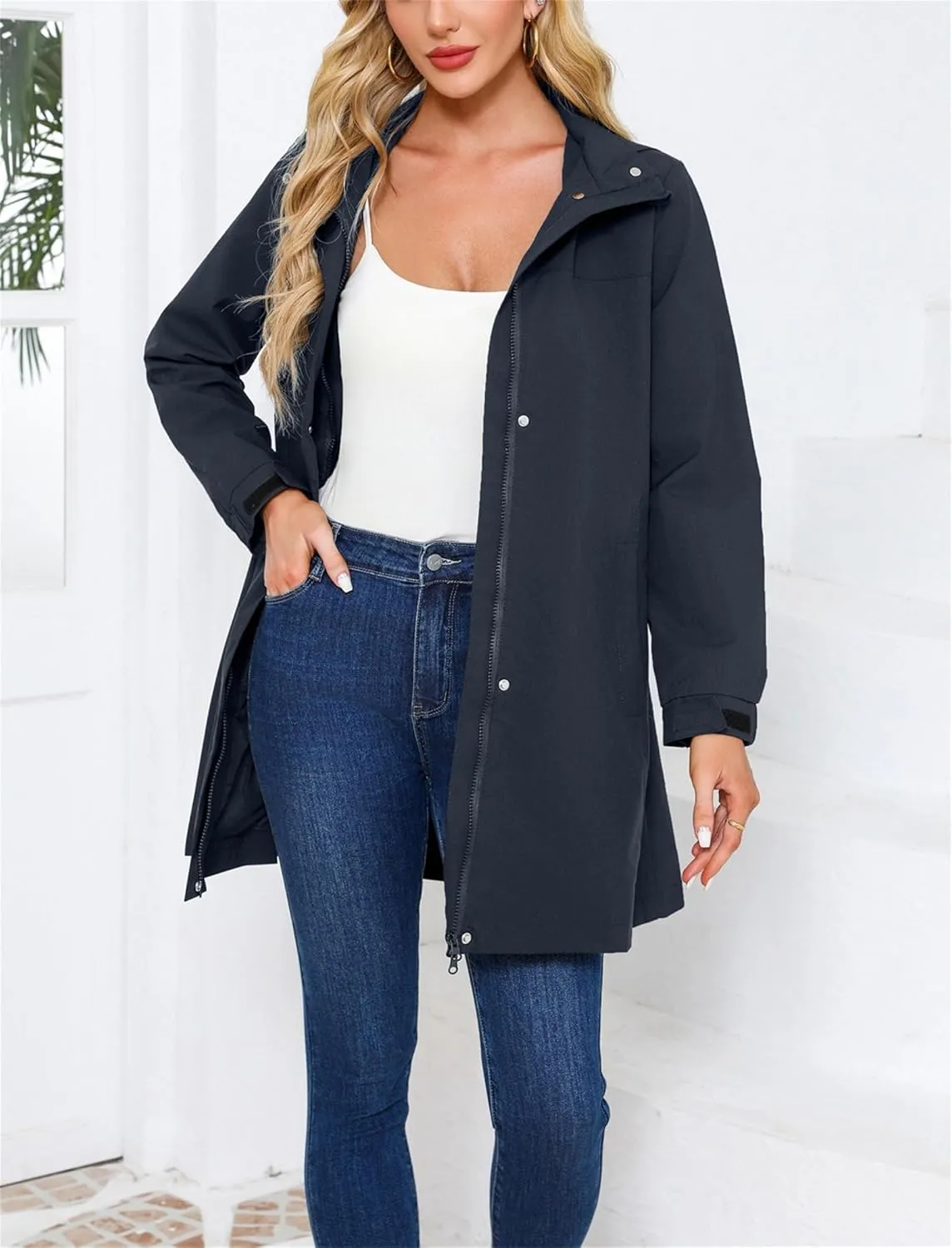 Women's Raincoat Waterproof Detachable Hooded Trech Coat Zipper Active Windbreaker Outdoor Jackets