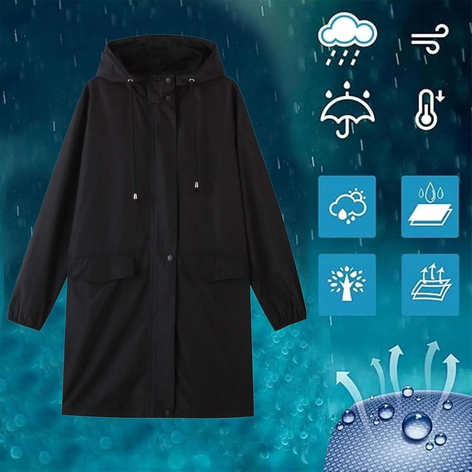 Women's Raincoats Waterproof Lightweight Raincoat with Hood Outdoor Windbreaker Rain Jacket Adjustable Waist