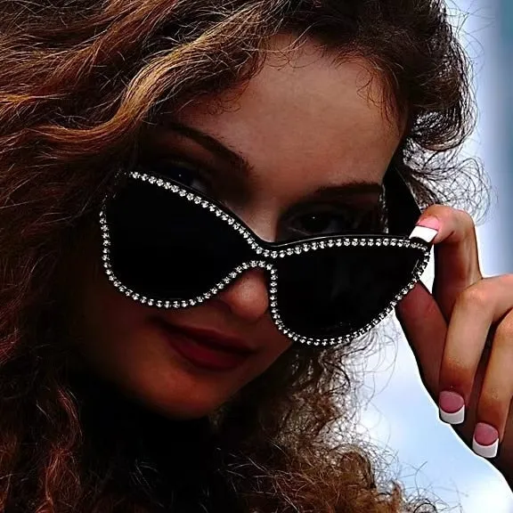 Women's Round Bling Diamond UV400 Luxury Eyewear Cateye Sunglasses