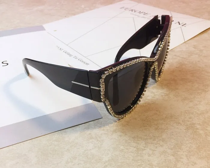 Women's Round Bling Diamond UV400 Luxury Eyewear Cateye Sunglasses