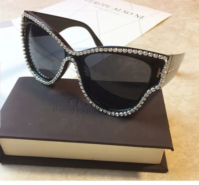 Women's Round Bling Diamond UV400 Luxury Eyewear Cateye Sunglasses