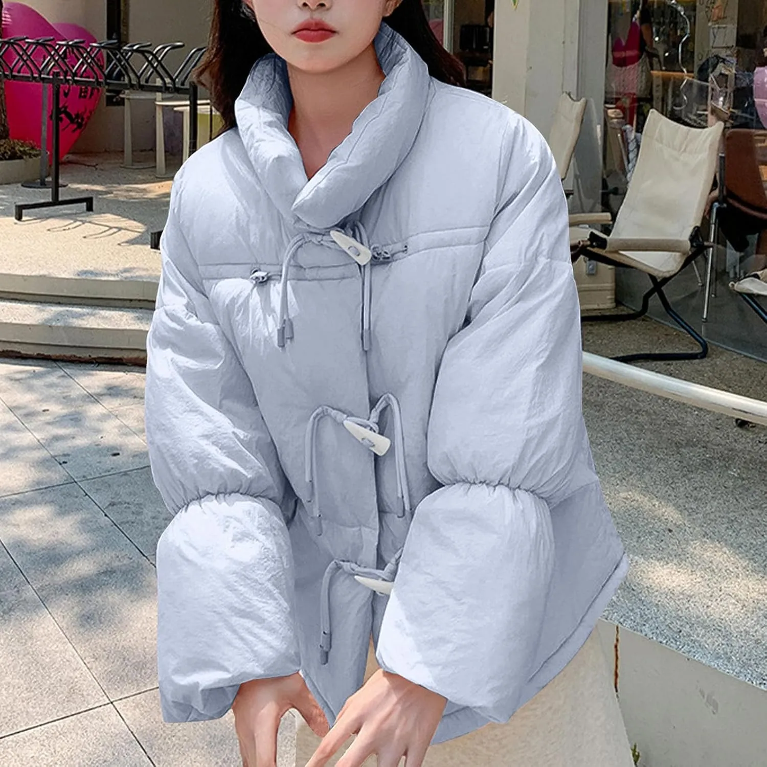 Women's Short Puffer Jacket Down Coat Casual Loose Button Down Solid Warm Quilted Jacket 2024 Winter Fashion Outwear
