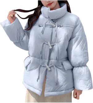 Women's Short Puffer Jacket Down Coat Casual Loose Button Down Solid Warm Quilted Jacket 2024 Winter Fashion Outwear