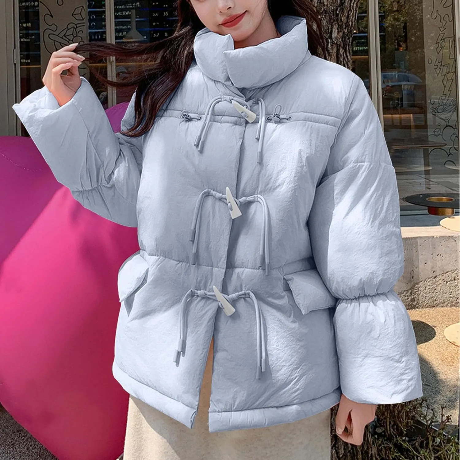 Women's Short Puffer Jacket Down Coat Casual Loose Button Down Solid Warm Quilted Jacket 2024 Winter Fashion Outwear