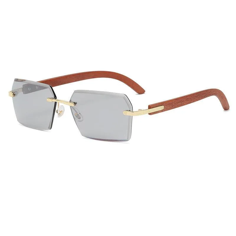 Women's Vintage Sunglasses: Square Cut-Edge with Wood Grain Temples