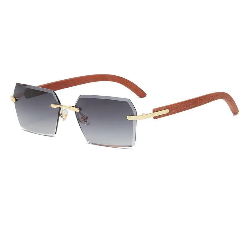 Women's Vintage Sunglasses: Square Cut-Edge with Wood Grain Temples