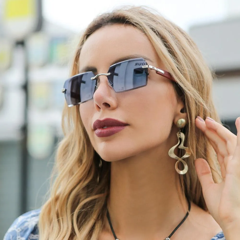 Women's Vintage Sunglasses: Square Cut-Edge with Wood Grain Temples